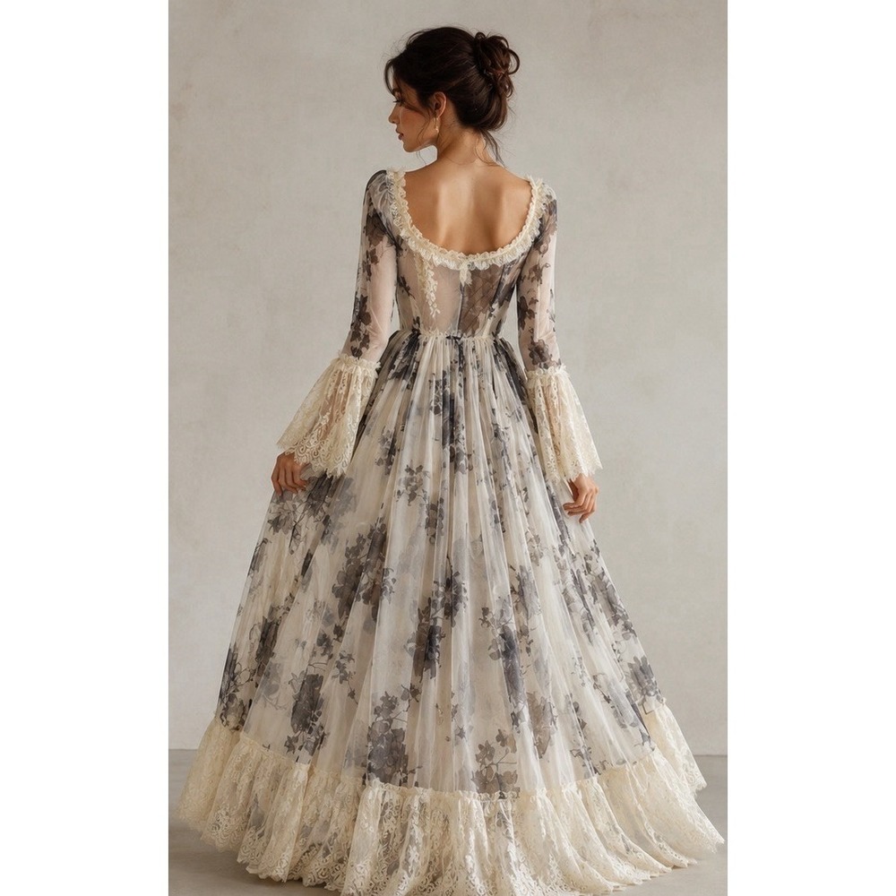 Victorian Renaissance Prom SheerLace Cottagecore Romantic milkmaid festival Gown - Picture 3 of 9